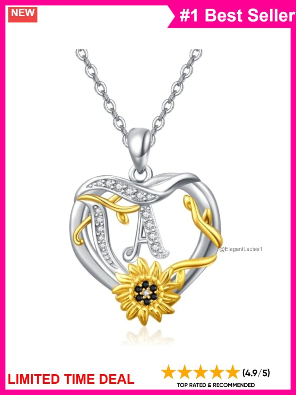 925 Sterling Silver Sunflower Initial Pendant Necklace Letter A